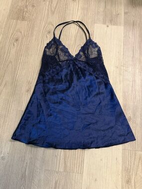 Women's Medium Navy Lace-Trim Satin Chemise Lingerie